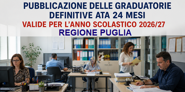 Al momento stai visualizzando PUBBLICAZIONE DELLE GRADUATORIE DEFINITIVE ATA 24 MESI, VALIDE PER L’ANNO SCOLASTICO 2026/27 – REGIONE PUGLIA