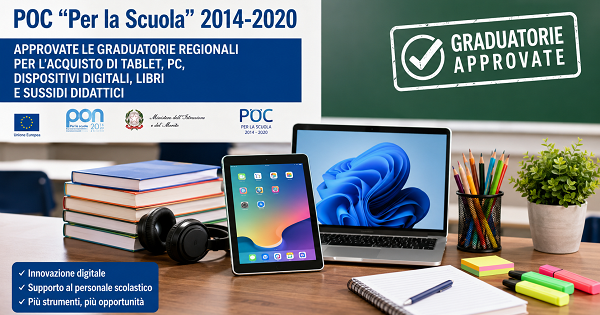 Al momento stai visualizzando POC ‘’PER LA SCUOLA’’ 2014-2020: APPROVATE LE GRADUATORIE REGIONALI PER L’ACQUISTO DI TABLET, PC, DISPOSITIVI DIGITALI, LIBRI E SUSSIDI DIDATTICI