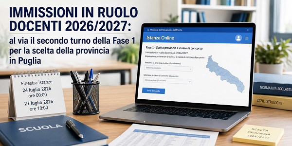 Al momento stai visualizzando IMMISSIONI IN RUOLO DOCENTI 2026/2027: AL VIA IL SECONDO TURNO DELLA FASE 1 PER LA SCELTA DELLA PROVINCIA IN PUGLIA