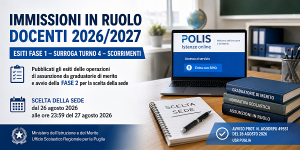 Scopri di più sull'articolo IMMISSIONI IN RUOLO DOCENTI 2026/2027: PUBBLICATI GLI ESITI DELLA FASE 1 – SURROGA TURNO 4 E AVVIO DELLA SCELTA DELLA SEDE