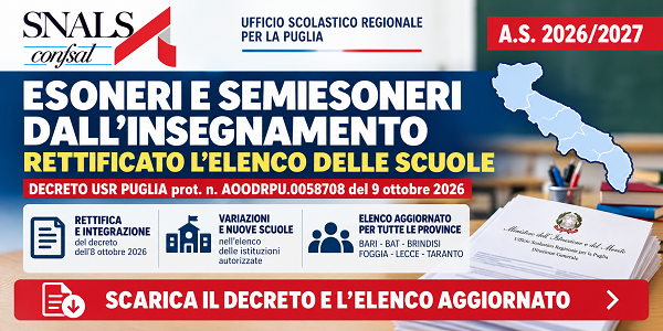 Al momento stai visualizzando ESONERI E SEMIESONERI DALL’INSEGNAMENTO 2026/2027: L’USR PUGLIA RETTIFICA L’ELENCO DELLE SCUOLE AUTORIZZATE